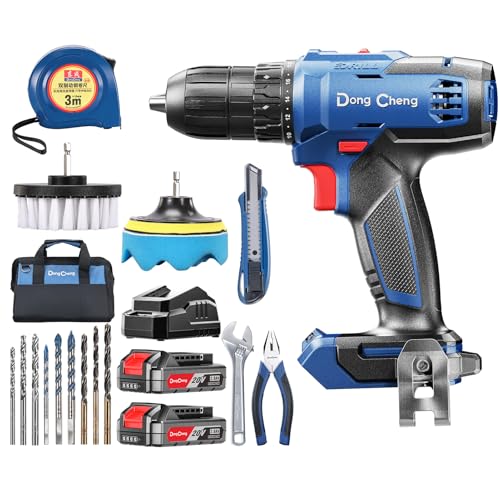 DongCheng 20V Compact Drill Driver Kit, 1.3KG Lightweight, 2-Speed 0-1500RPM, 2x 2.0Ah Battery, 40Nm Power, LED Light, 21PCS Home Tool Set (Double Battery Drill Clean Kit + Extra Manual Tool)