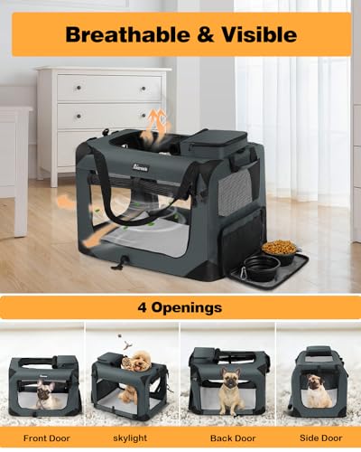 Reerooh Caixa de Transporte para Cães Extragrande com 2 Tigelas Dobráveis, Caixa de Transporte para