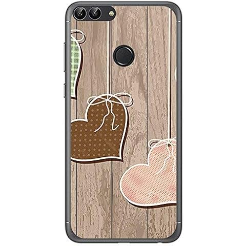 Funda Gel TPU para Huawei P Smart con diseño Corazones Madera Dibujos Cover