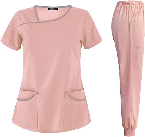 niaahinn Conjuntos de uniforme médico para mujer, uniforme de enfermera, camiseta y pantalón deportivo, traje de trabajo de manga corta, diseño de
