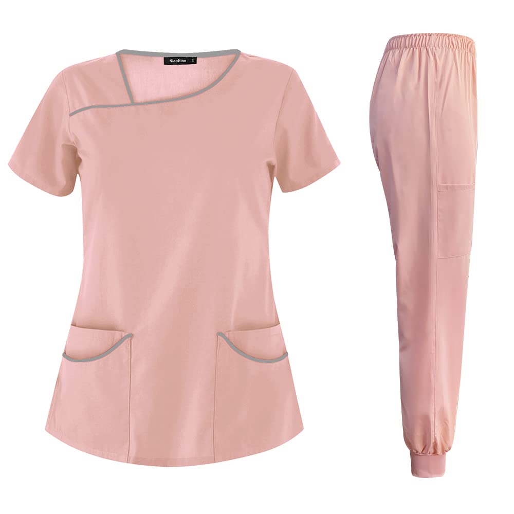 niaahinnScrubs Sets for Women Nurse Scrub Uniform Top & Jogger Pant Work Short Sleeved Suit V-Neck Design