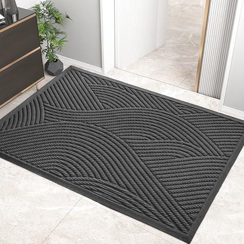 HIYARD Sturdy Front Door Mat, Absorbent Muddy Dirt Resist Welcome Door Mats Outdoor Indoor, Stain and Fade Resistant, Non-Slip Backing Entry Mat Low Profile Doormat for Entryway, 47×32, Grey