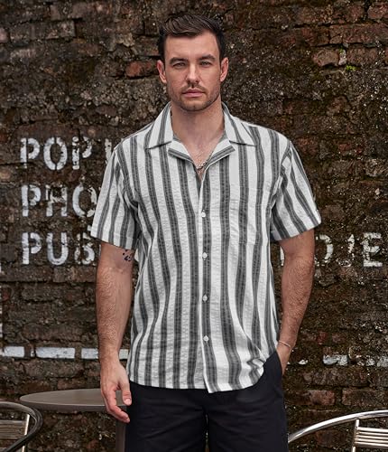 Image of VATPAVE Mens Striped Summer Shirt Casual Button Down Short Sleeve Beach Shirts Cotton Shirts for Men