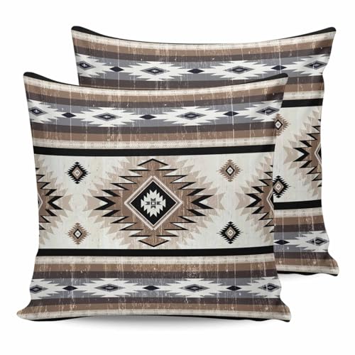 Outdoor Waterproof Throw Pillow Covers Set of 2 Brown Grey Boho Aztec Pillowcases 18x18 Inches Southwest Tribal Geometric Patio Decorative Pillows