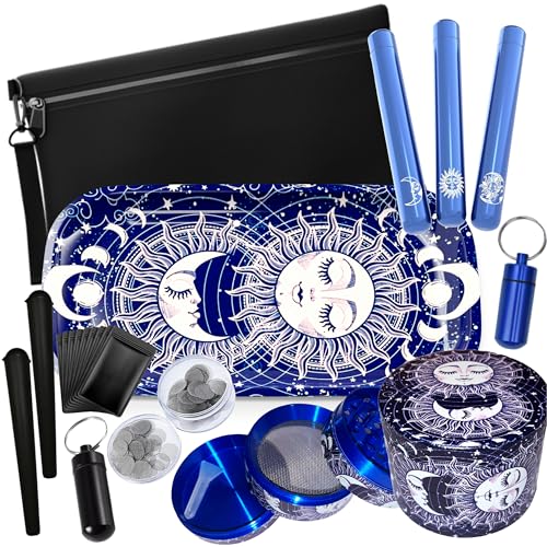 Rolling Tray Bundle Smoking Kit - Extra Large Metal Rolling Tray Three Aluminium Tubes Four Piece Metal Grinder and More - Smokers Accessories (Blue Rolling Tray Kit)