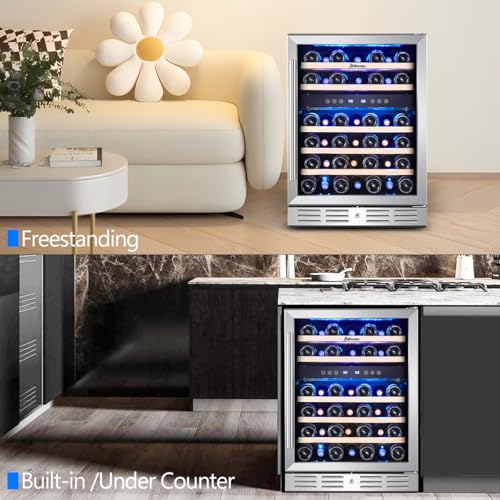 kalamera 24 inch wine cooler 46 bottle - dual zone built-in or freestanding fridge with stainless steel reversible glass door for home kitchen or office