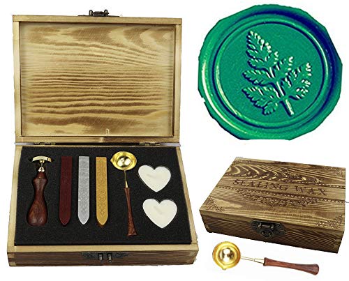 MNYR Vintage Fancy Tree Leaf Elegant Wooden Box Wax Seal Sealing Stamp Wedding Invitations Stationary Envelope Embellishment Custom Wax Seal Stick Wooden Handle Melting Spoon Heart Candle Gift Box Set