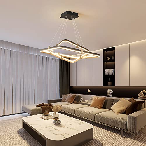 Siittoo Modern Black Chandelier Dining Room Light Fixture, 96W Dimmable Led Modern Pendant Light, 2-Ring Rectangular Chandelier Hanging Light Fixture For Kitchen Island Living Room Hall, Φ=24''+16'' #TOP6