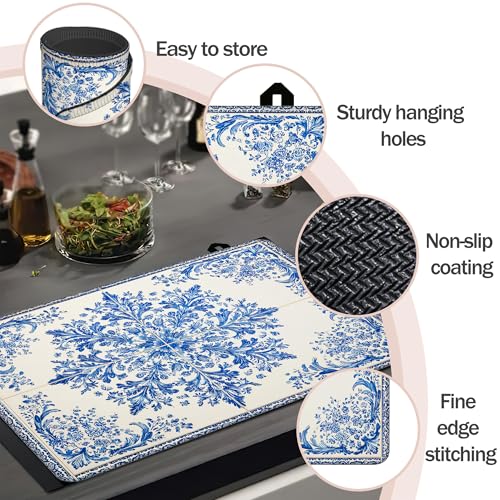 Image of Blue White Tile Stove Top Covers Pad 28 x 20 inches Dish Drying Mat Coffee Bar Mats Kitchen Decor Absorbent Pad Fit Coffee Maker Machine Dish Drying