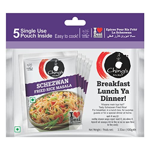 Image of Ching's Secret Desi Chinese Schezwan Fried Rice Masala, 100g, Authentic Schezwan Flavour, Easy to Cook, Meal Kit, Cooks in 4 /5Mins, 1 Pouch Serves 4, Pack of 5 Single Use Pouches