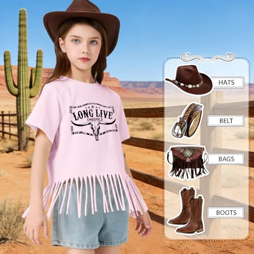 Image of Wrenpies Girls Western Fringe Shirt Long Live Cowgirls Country Rodeo Shirts Kids Cow Skull Graphic Tees Tassel Fringe Tops