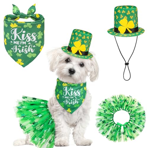 SCENEREAL St. Patrick's Day Dog Bandana Dress with Hat Set, Puppy Irish Costume for Small Medium Sized Girl Dogs Cats, Cute Tutu Skirt Green Holiday Pet Outfit Party Supplies
