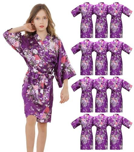 12 Piece Kids Silky Satin Robes Girls Spa Robes for Girls Party Floral Kimono for Wedding Birthday Slumber Spa Party