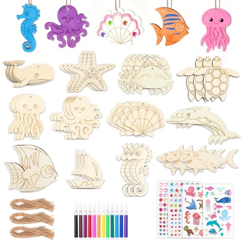 IETWATE Conjunto de trabalhos manuais de 36 peças: animais marinhos, artesanato, pingentes de madeira oceânica, artesanato, artesanato, aniversário, artesanato para pintar, para decoração de