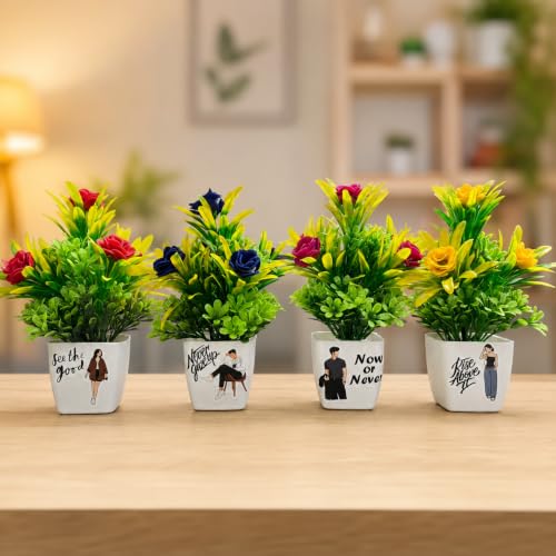 Image of 4 Pack Artificial Plants with Smiley Pot for Home Decoration, Decorative Plastic Flower Plant for Office Desk, Living Room, Bedroom & Table Decoration Artificial Flower Plants