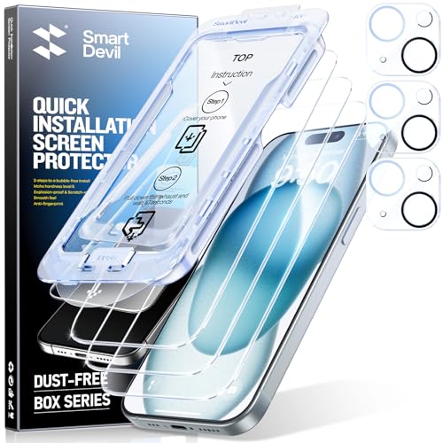 Image of SMARTDEVIL (3+3 Pack HD Clear Screen Protector for iPhone 15 with 3 Camera Lens Protectors, 9H Tempered Glass, Shatter-Resistant, SmartPull Dust & Bubble-Free Install Frame, Case-Friendly