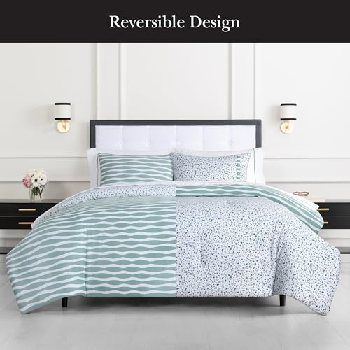 Image of kate spade new york Rhythmic Geo Full /Queen Comforter Set, 300 Thread Count Cotton Sateen Reversible Cover, All Season 3 Piece Bedding, Machine Washable, Blue Aqua Tourmaline