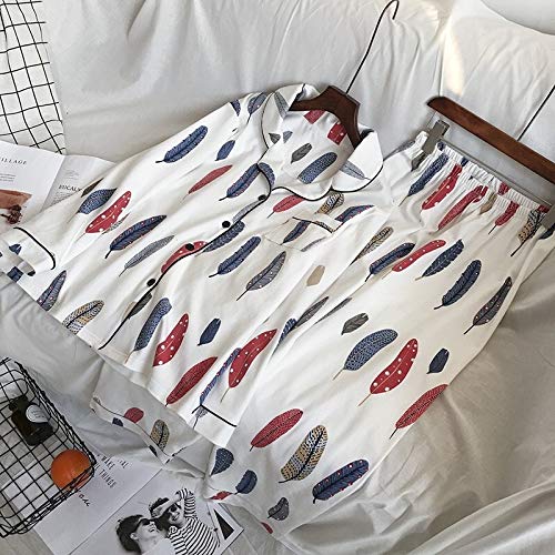 ZXF Pijama de pijama para mujer, de algodón, con estampado de plumas de manga larga y cuello alto, conjunto de dos piezas para el hogar cálido (color: pluma, tamaño: M)