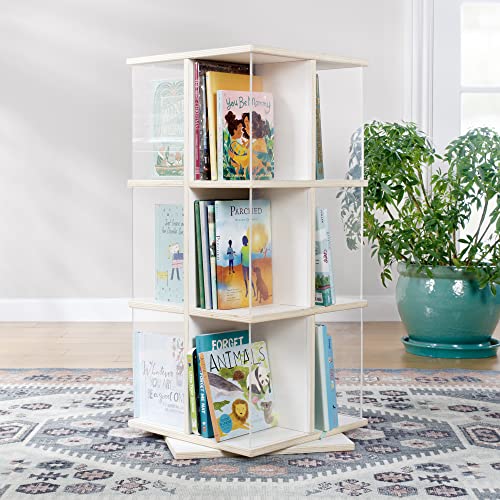 Guidecraft EdQ Rotating Book Display - White: Spinning Plywood Storage Bookshelf with Acrylic Windows for Kids Classroom, Playroom, or Bedroom