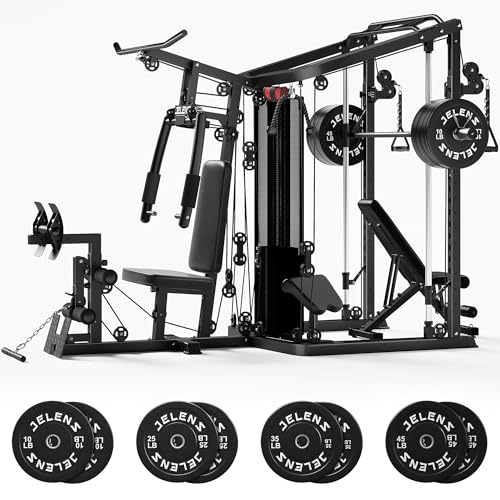JELENS Home Gym System, 150LB Weight Stack Smith Machine with LAT Pull-Down & Leg Press, All-in-One Strength Training Equipment, Workout Station for Workout (Black, 230LB Black Weights Package)