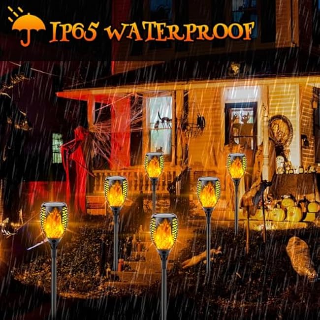 Upgraded Solar Lights Outdoor, 6 Pack Flickering Flame Solar Torch Lights with Super Larger Size for Halloween Decor, Solar Halloween Lights Waterproof Solar Powered Outdoor Lights for Garden Pathway