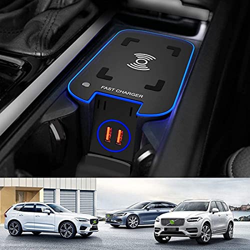 Wireless Car Charger for v-olvo XC90 XC60 S90 V90 V60 S60 2021 2020 2019 Center Console Accessory Panel, 15W QC3.0 Quick Charger with 2 18W USB Ports for All Qi Phone