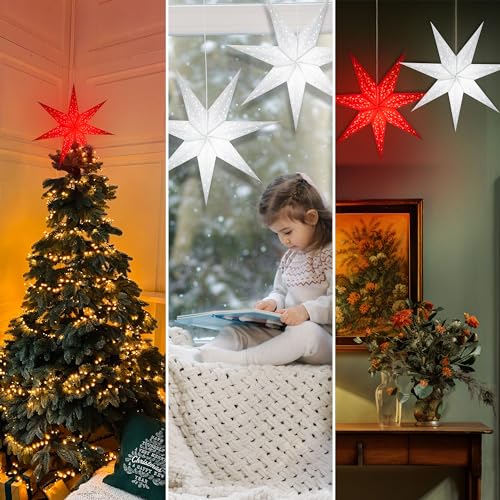 Image of GalaxyArts Paper Star Lanterns, 24 Inch Naxatra (White Medium) Light Up Hollow Out 7 Pointed Star Hanging Lamp Decoration for Wedding Holiday Birthday Party Christmas Celebration Indoor Outdoor Decor