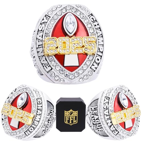 Image of 2025 Fantasy Football Championship Ring | Heavy FFL Champion Trophy Ring | Gold Silver Tone Plated Award Trophy for Fantasy Football League Winner