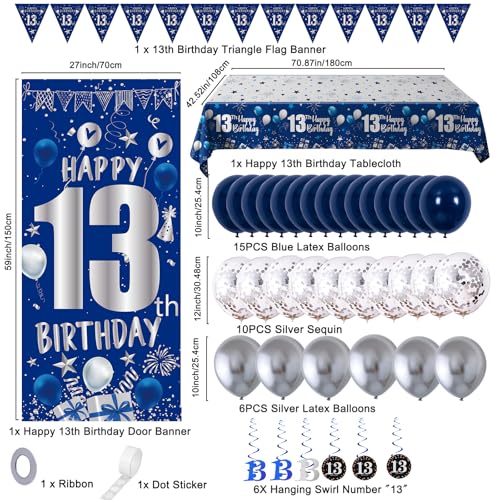 13th Birthday Decorations for Boys Girls, Blue Silver 13th Birthday Decorations Backdrop with Happy 13th Birthday Banner, Number 13 Hanging Swirls, Triangle Flag, 13 Years Old Birthday Party Supplies