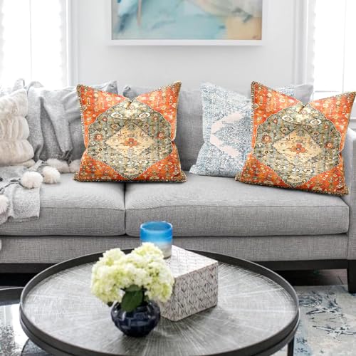 Penufilo Boho Throw Pillow Covers 18X18 Inch, Set Of 2 Orange Bohemian Throw Pillows Colorful Decorative Couch Pillow Covers, Floral Pattern Decorative Pillow Covers, Boho Pillow Covers For Bed Couch thumb #3