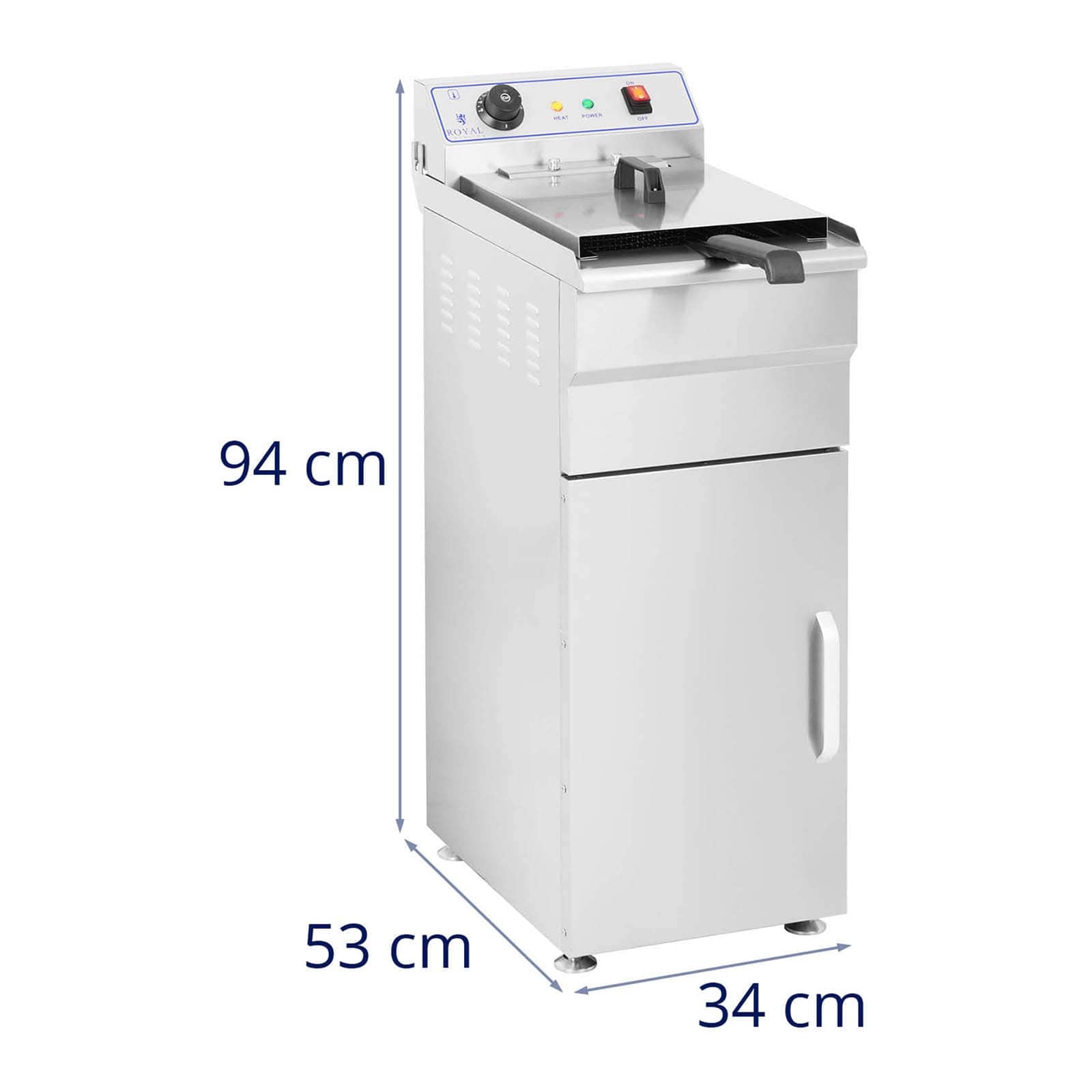 Royal Catering Friteuse Fritteuse mit Unterschrank (Kapazität 16 L, 6000 W, 400 V, 60–200 °C, 34 x 53 x 94 cm, Edelstahl, inkl. Korb und Deckel)