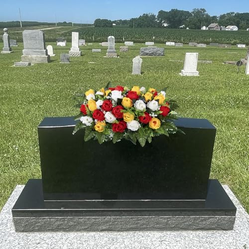 Artificial Cemetery Flowers Saddle Grave Memorial Rose Flowers Saddle for Cemetery Headstones Gravesites Decoration (White&Red&Yellow) image 1