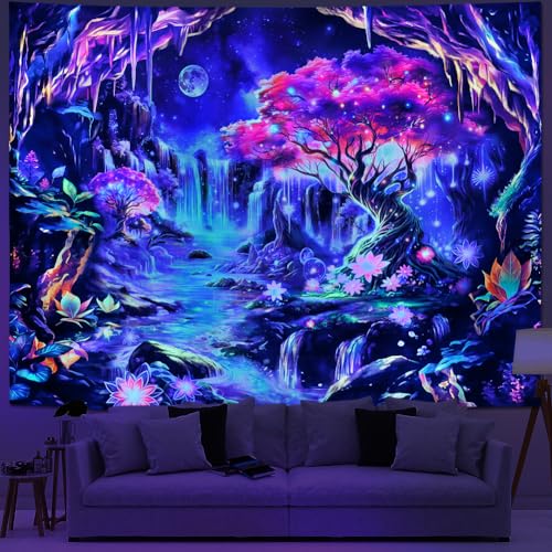 Yuiqear Black Light Tree of Life Tapestry UV Reactive Mountain Waterfall Tapestries Blacklight Space Wall Decor Floral Plant Fantasy Lanscape Tapestry Wall Hanging for Bedroom