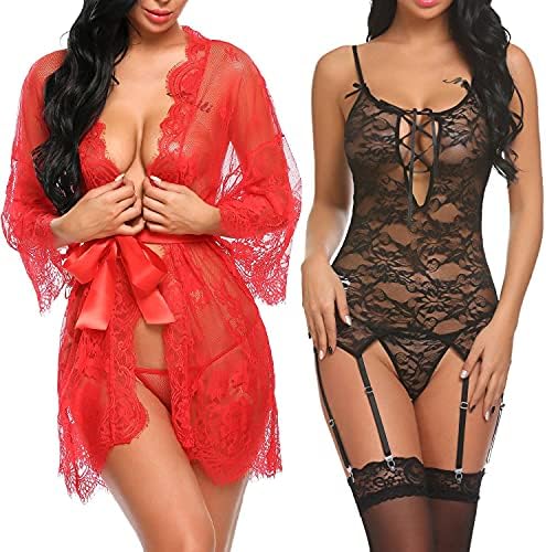 Avidlove Women's Lace Kimono Robe Babydoll(Red,L) Chemise and Bodysuit Lingerie with Garter Belts(Black,L)