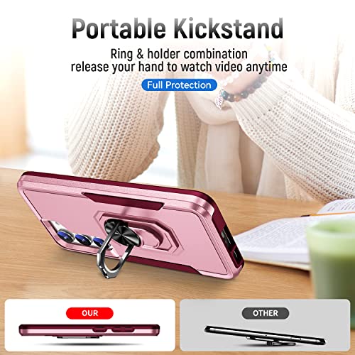 Samsung Galaxy S23 Case With 2 Screen Protector, Military Grade Dual Layer Shockproof Heavy Duty Shockproof Protective Phone Cover, Built In Rotatable Magnetic Ring Holder For Galaxy S23 5G (Pink) #TOP2