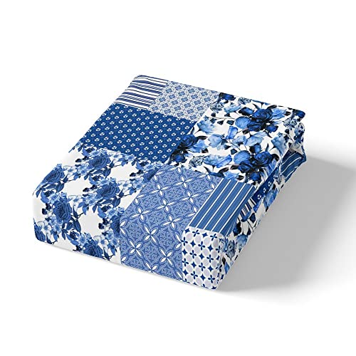 Navy Blue Flowers Patchwork Bedding Set King Size,Country Floral Plant Print Duvet Cover Set for Children Bedroom Present Stripes Geometric Plaid Microfiber Comforter Cover with 2 Pillowcases - Image 4