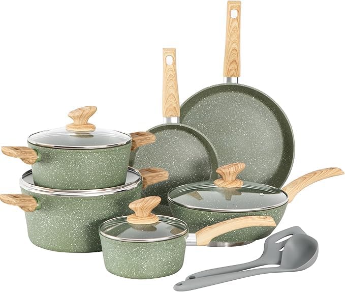 12 Pieces Nonstick Pots and Pans Set, Induction Cooking Pan Set, Non Stick Saucepan Set, Frying Pan Set (Green)