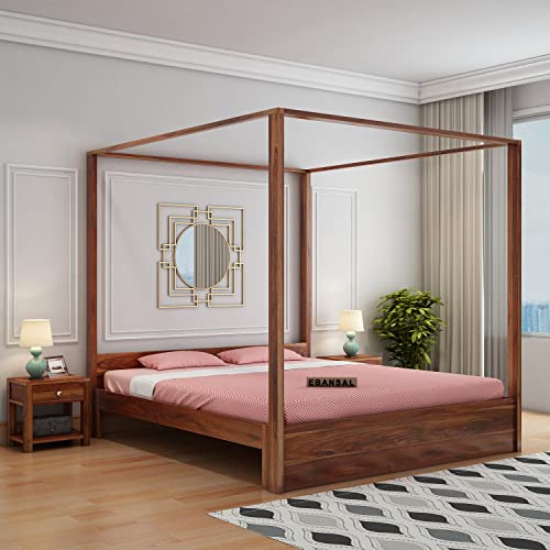 Image of Solid Sheesham Wood King Size Poster Bed Without Storage for Bed Room Living Room Home Wooden Double Bed Palang Solid Wood Bedroom Furniture for Hotel (Honey Finish)