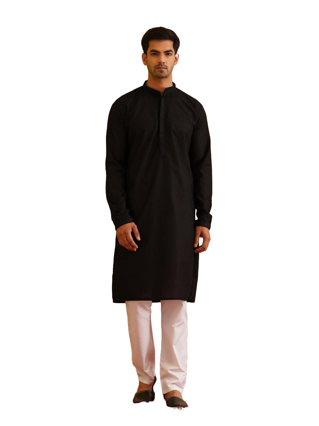 Sojanya (Since 1958 Men's Cotton Checked Thread Work Black Kurta With White Churidar Pyjama