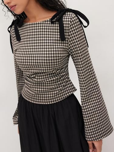 CIDER Tops Gingham Bowknot Ruched Long Sleeve Boat Neck Slim Fit Top4