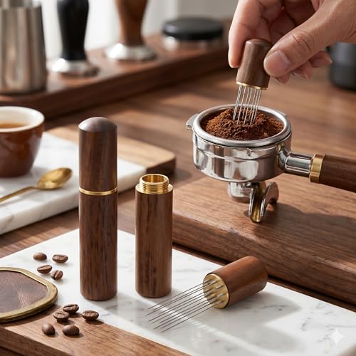 Image of Street27 Premium 4-in-1 Espresso Accessories Kit | WDT Coffee Needle Stirrer (6 Stainless Steel Needles, Wooden Handle & Stand),Ceramic Dosing Tray, Coffee Scoop & Static Reducing Spray Bottle (Black)