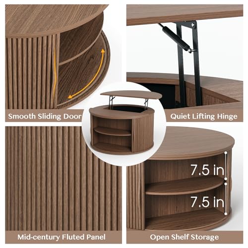 Image of JOINICE Round Lift Top Coffee Table with Storage for Living Room,Walnut | 31.5 inch Drum Design,Hidden Storage&Open Shelf,Modern Fluted Center Table for Small Apartments,Easy Assembly,Up to 150 lbs