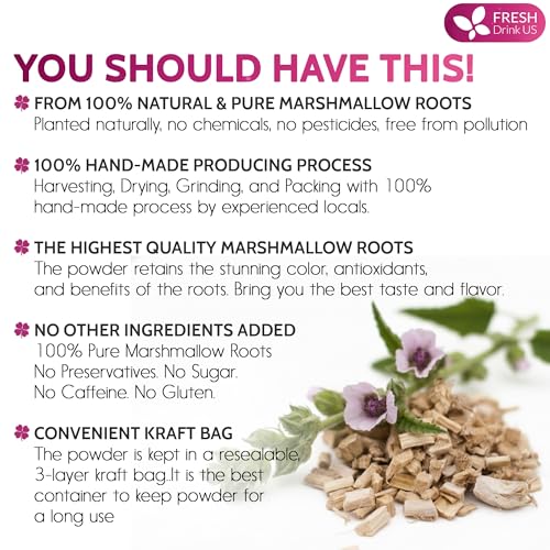 Image of FreshDrinkUS, Premium 8oz Marshmallow Root Powder (Althaea officinalis). Finely Ground - Premium Herbal Tea Ingredient - Smooth & Mild Botanical Powder. Caffeine Free. Sugar Free. Vegan