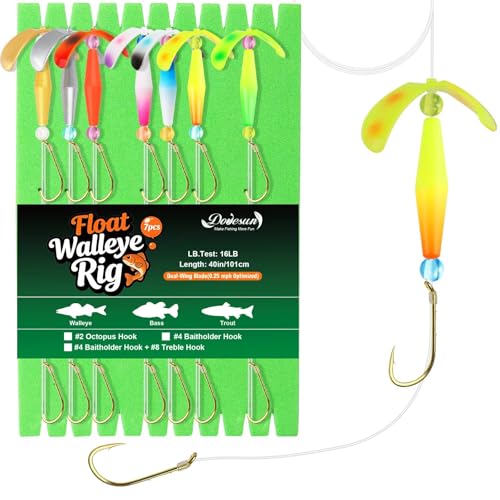 Dovesun Crawler Harness Walleye Rigs with Dual-Wing Blade Float Walleye Spinner Rig for Slow Trolling (0.25 mph) Fluorocarbon Worm Harness 2#4 Baitholder Hook Walleye Fishing Rigs 7 Pack