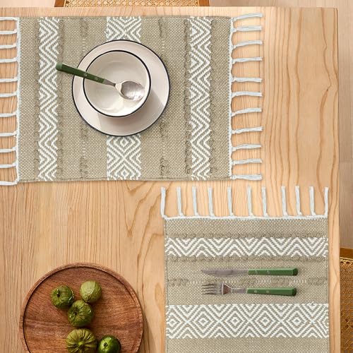 Image of Luxe Home Cotton Table Placemats with Tassels Rectangular Woven Dining Mats Heat Resistant, Washable Table Mats for Dining Table Home, Kitchen & Restaurants (66x33 cm) Set of 4
