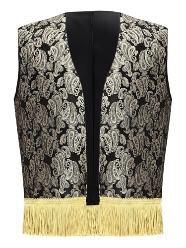 Yartina Boys Arab Prince Outfit Print Fringed Open Waistcoat for Dress Up Parties