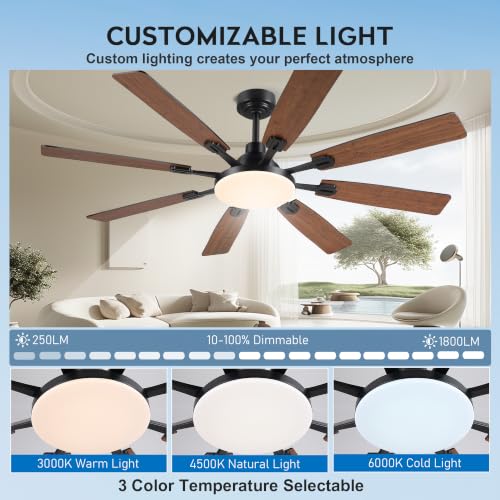 Image of JSAITEE 60In Ceiling Fans with Lights - Brown Low Profile Fan Light with 8 Blades, 6 Wind Speeds Reversible, Dimmable, Modern Light Fixture for Indoor Living Room, Kitchen, Coverd Patios
