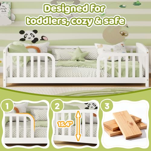 Image of Bellemave Twin Size Montessori Floor Bed Frame with High Fence, Solid Wood Kids Floor Bed with Central Entrance, Low Profile Bed for Boys & Girls, Rounded Corner Design,White