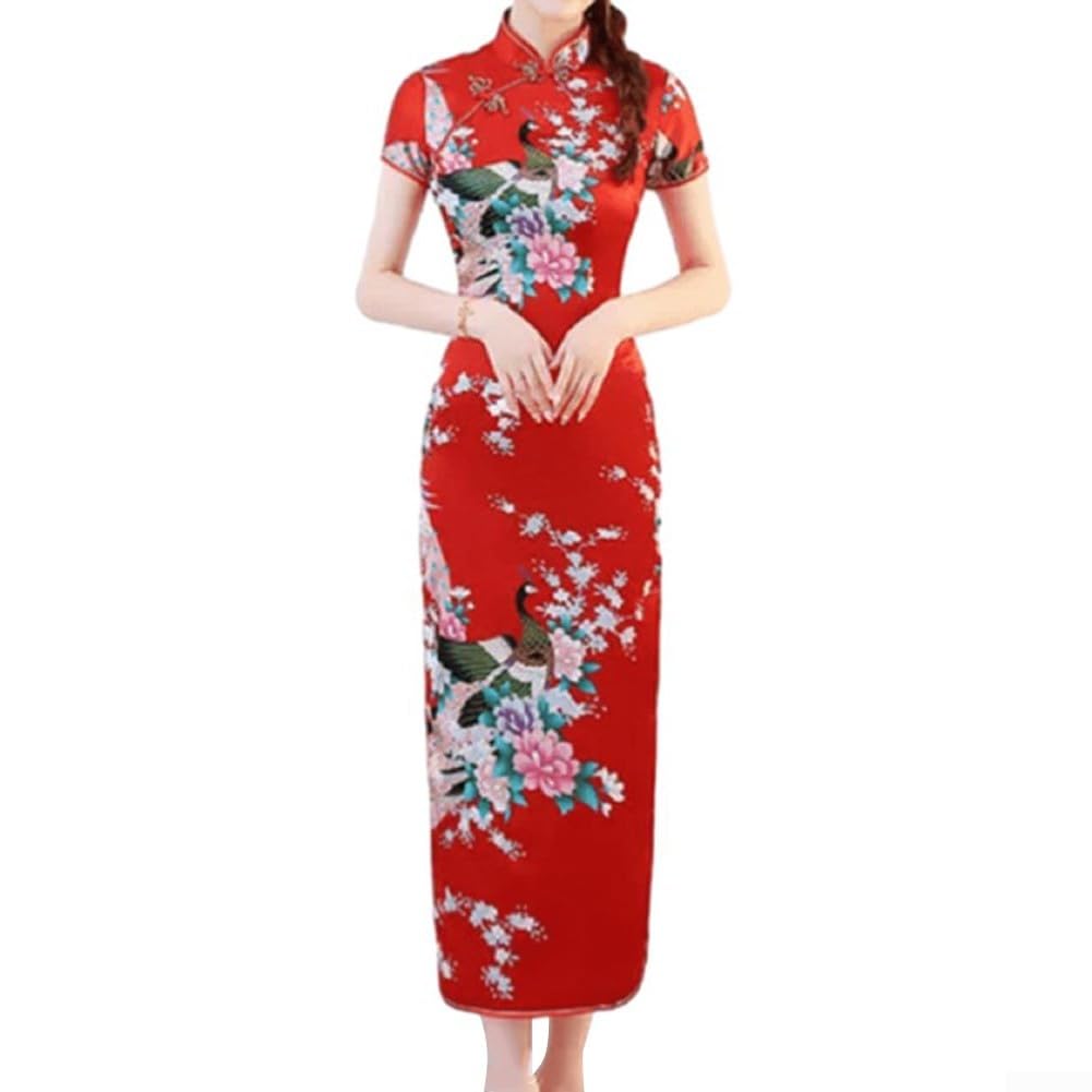 Vestido chino moderno Cheongsam de manga corta ajustado con abertura lateral para citas, club, vestido de noche, disfraz de Halloween, vestido corto con cuello mandarín ajustado para mujer (L rojo)