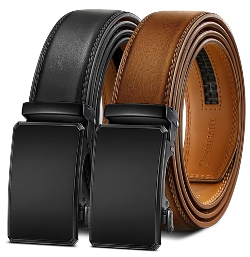 Image of KEMISANT Men Belt 2 Pack, Leather Ratchet Belt Easy Click Slide For Men 1 3 /8 inch,Cut for Fit